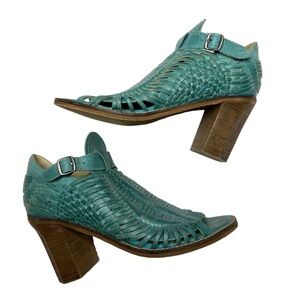 NAUGHTY MONKEY Killion Turquoise Leather Huarache Bootie Sandal Heels 7.5